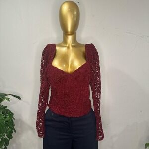 Burgundy Velvet lace long sleeve top with square neckline LARGE ANTHROPOLOGIE